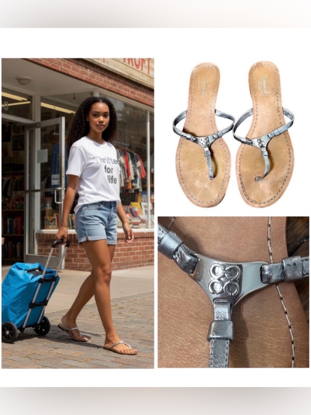 Coach Rachal Sandals thong style silver leather with metal silver coach logo. 7